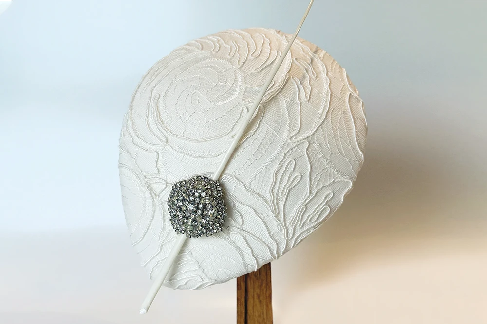 White Bridal Teardrop hat with Quill trim.